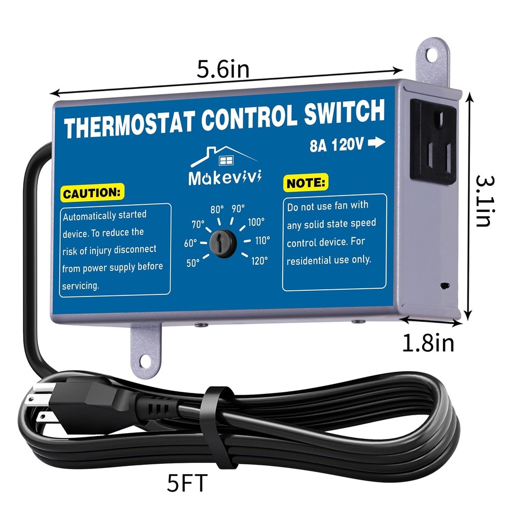 Attic Thermostat, Adjustable Temperature Controller for Attic Fan, with Overl...