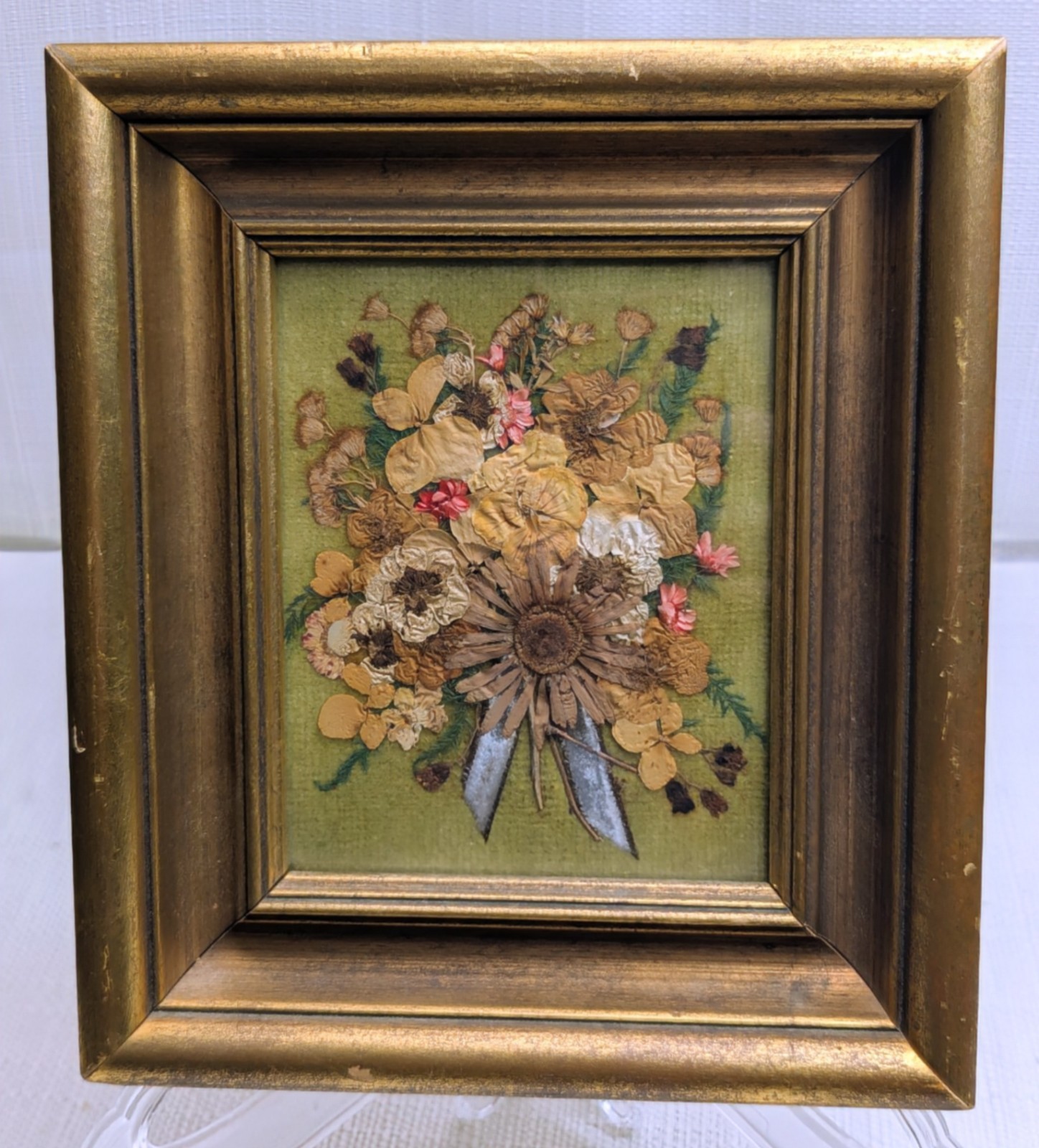 Vintage Dried Pressed Flowers Arranged With A Blue Ribbon In Gold Wood Frame