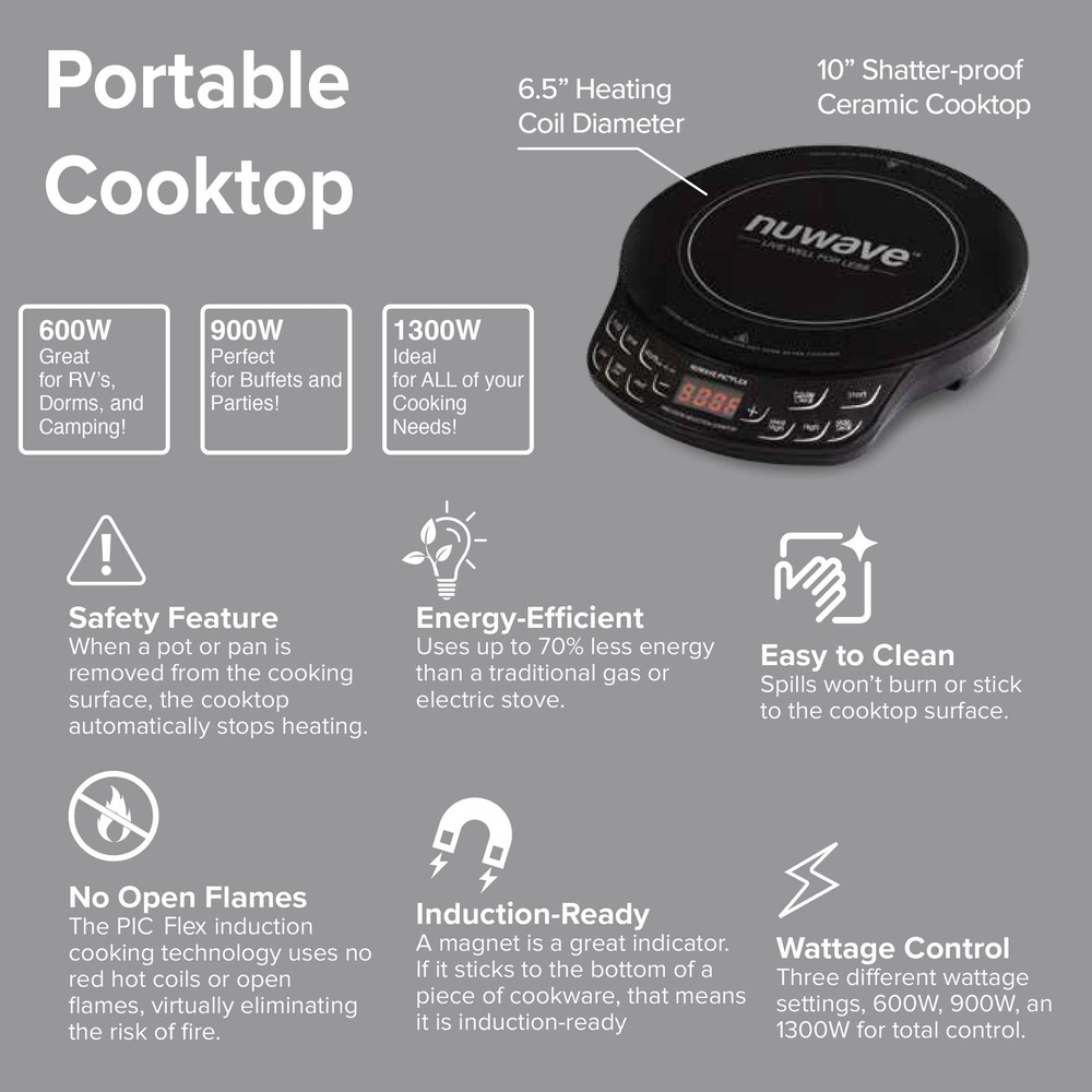 Flex Precision Induction Cooktop, 10.25” Shatter-Proof Ceramic Glass, 6.5” He...