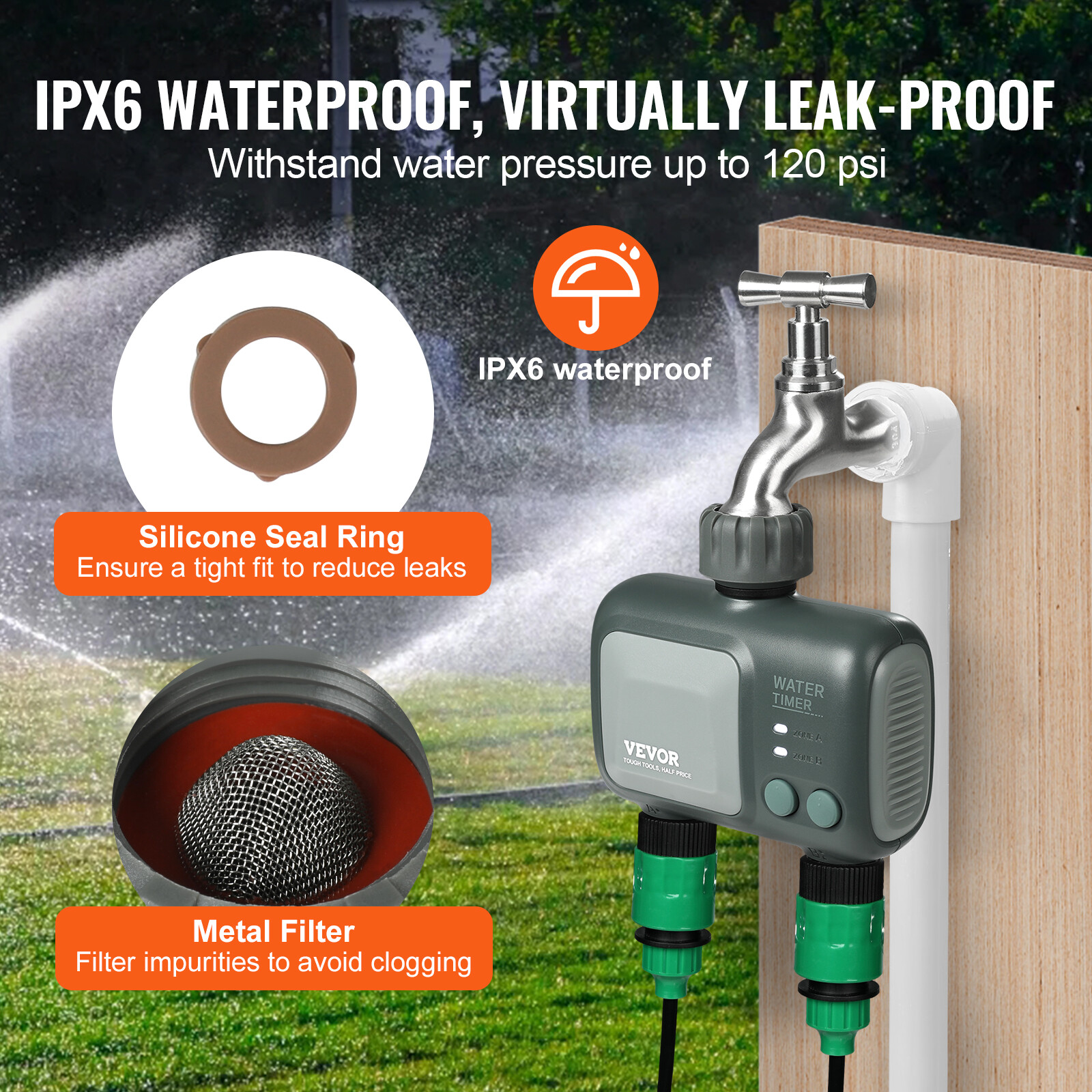 VEVOR WiFi Sprinkler Timer 2 Outlets Smart Hose Faucet Water Timer Bluetooth