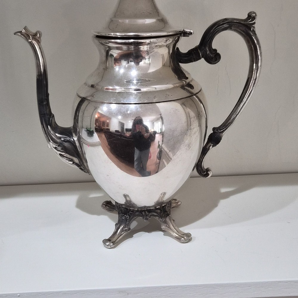 Antique Silverplate Coffee Pot Teapot Ornate Handle Footed Design Elegant Decor