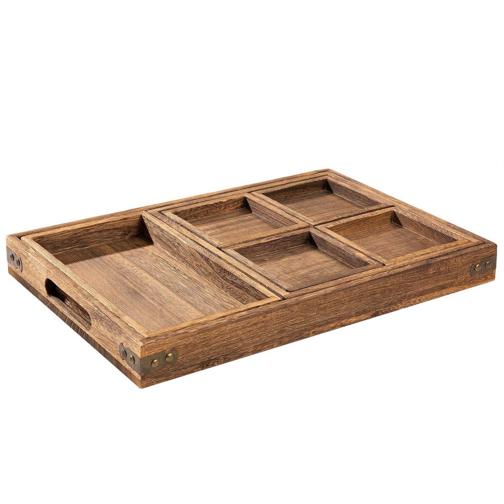 Rustic Wooden Serving Trays with Handle - Set of 7 Rectangular Platters for E...