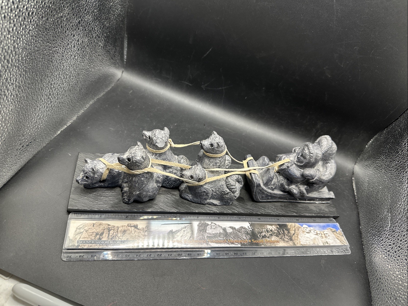 DAMAGED Carved Soapstone Sculpture Eskimo Inuit Dog Sled Slate Base