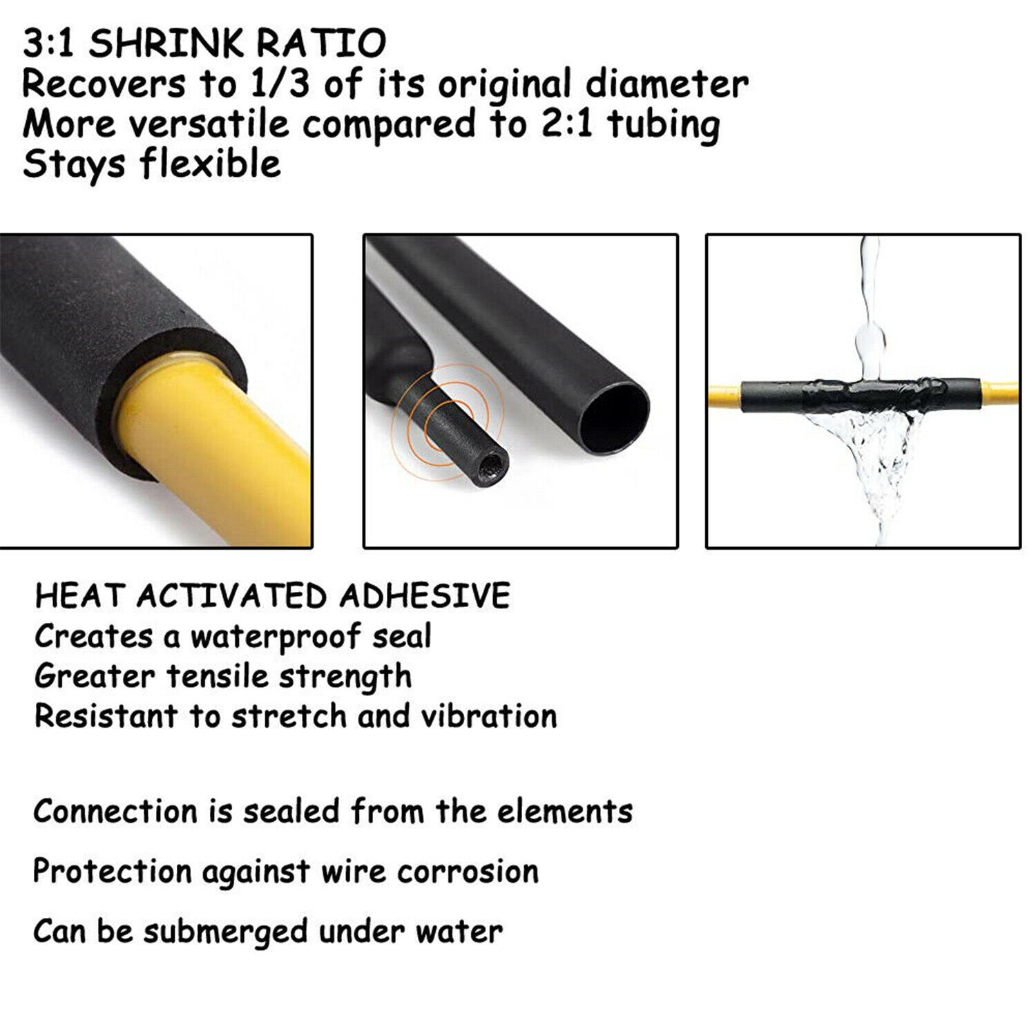 BLACK Heat Shrink Tubing Tube Dual Wall 3:1 Adhesive Glue Lined Waterproof