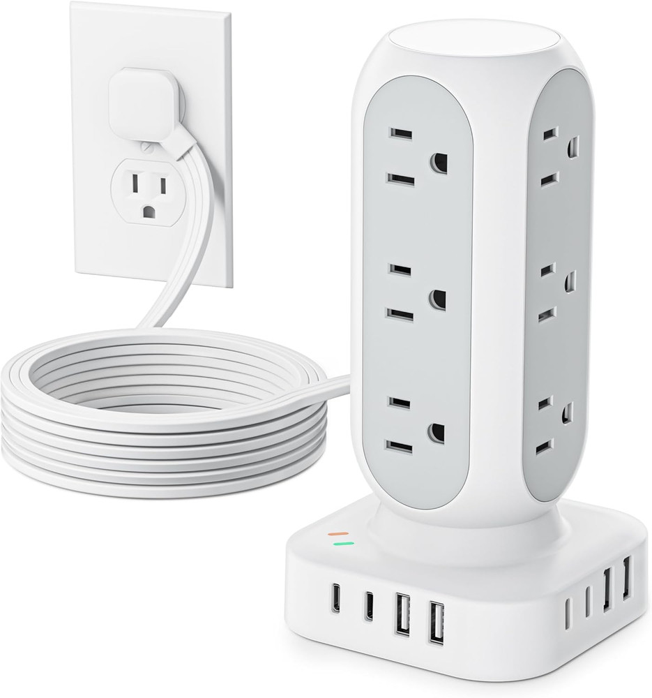 Tower Surge Protector Power Strip, Flat Plug Outlet Extender with 12 AC Outlets