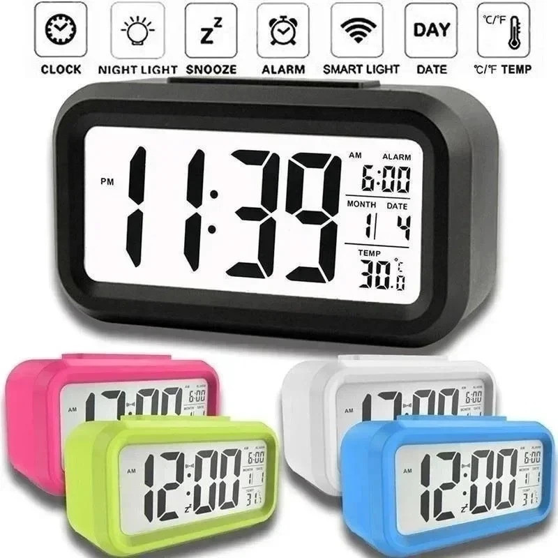 LED Digital Alarm Clock Snooze Backlight Calendar Time Display Table Desktop