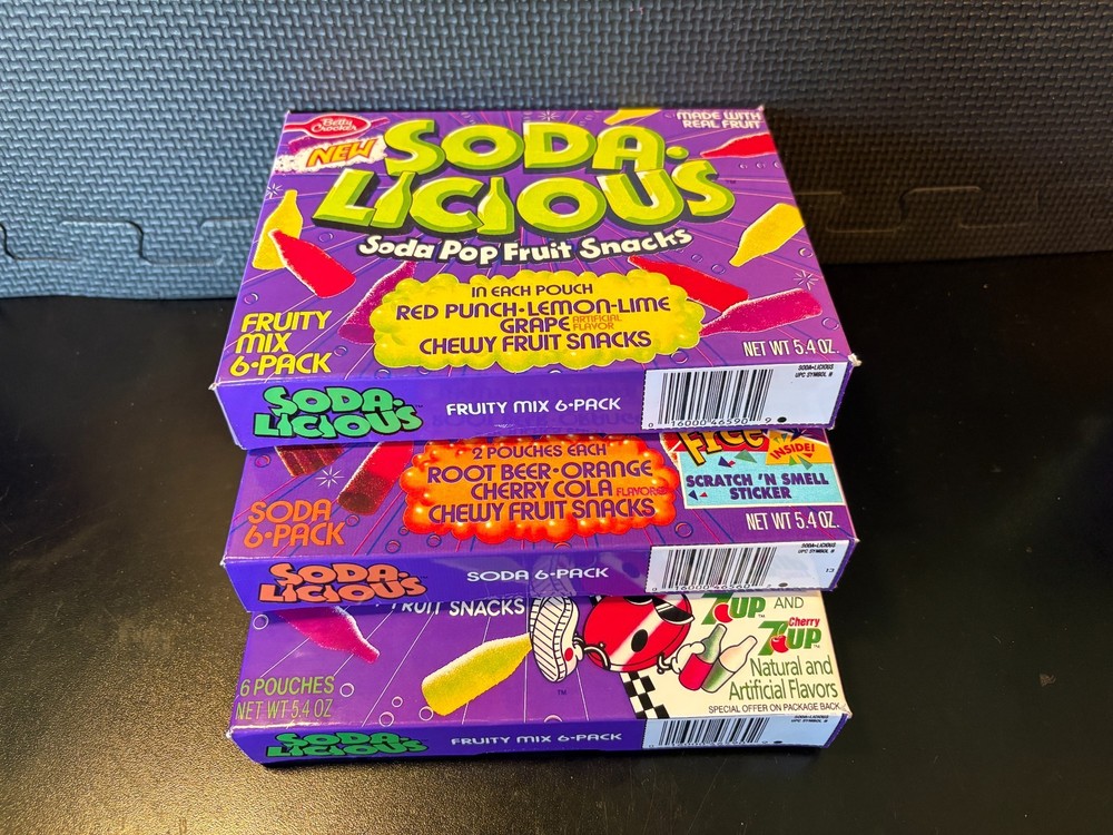 Soda Licious fruit snacks - 3 empty custom design display boxes
