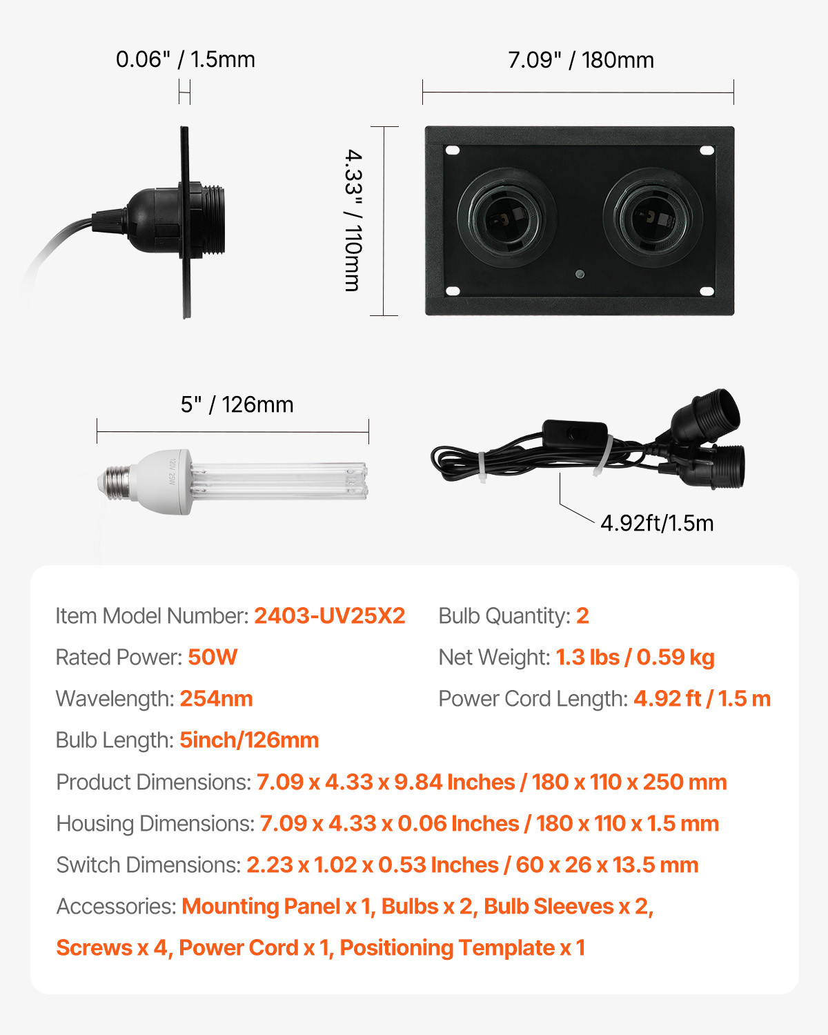 VEVOR Air Purifier Whole House 50W 5in UV Light in Duct for HVAC AC Duct Filter
