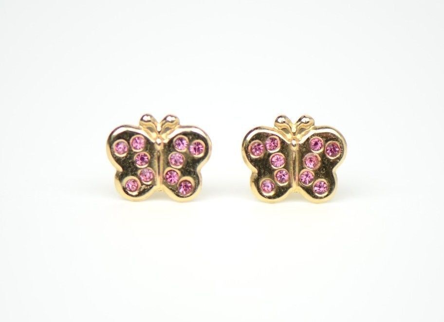 14K Solid Yellow Gold Butterfly Stud Earring with CZ