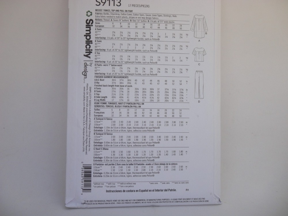 Simplicity 9113 Easy Tunic Top Pull on Pants Pattern, Misses' 6-14 or 16-24