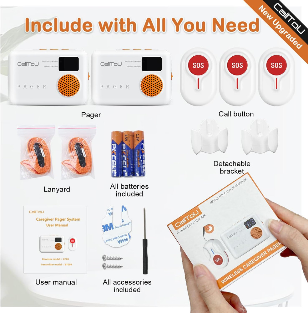 1000FT Caregiver Pager Wireless Call Button Elderly Monitors with Vibration Digi