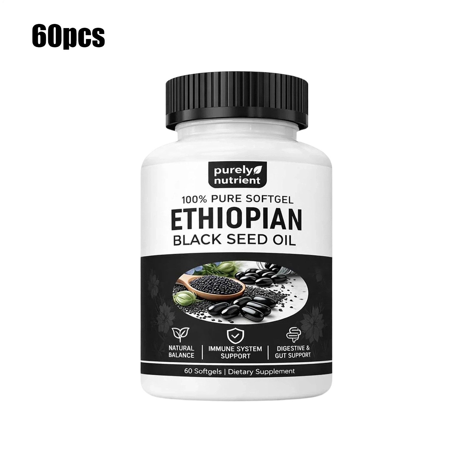 Ethiopian Black Seed Oil Softgels |4.64% Thymoquinone |Gluten-Free, 60 capsules