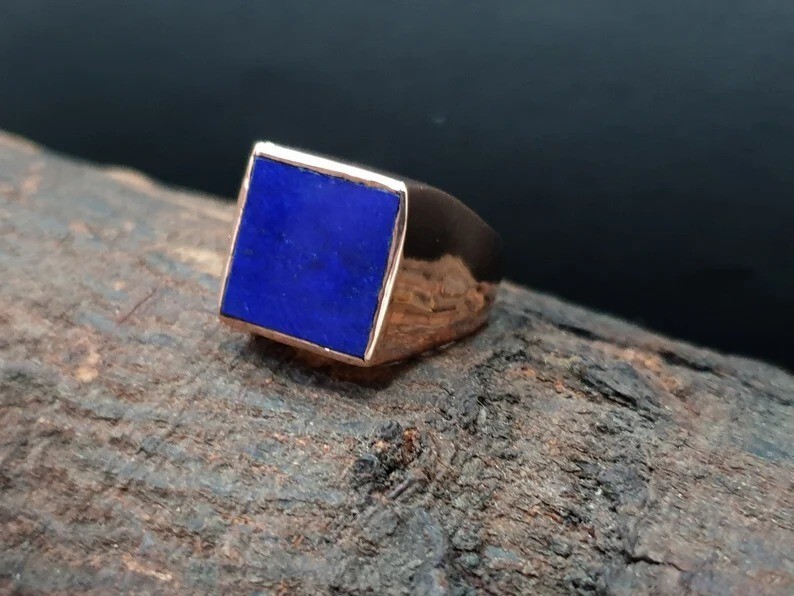 Lapis Lazuli Ring Gold Plated Square Signet Statement Ring Handmade