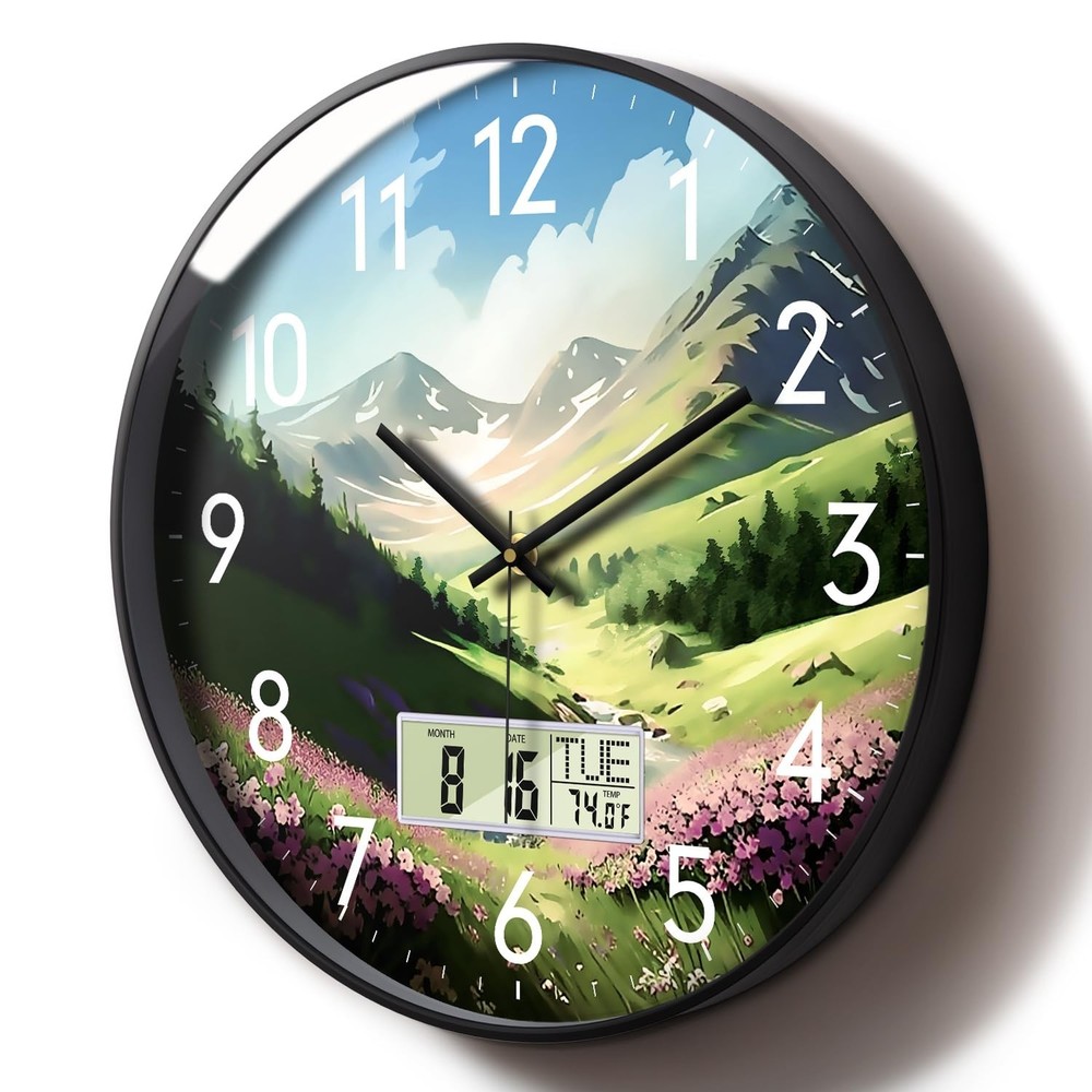 Digital Large Display Silent Wall Clock with Temperature Date Mountain Flower...