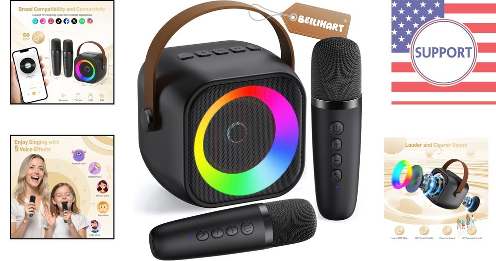Mini Karaoke Machine with 2 Wireless Mics - Portable Bluetooth Fun for All Ages