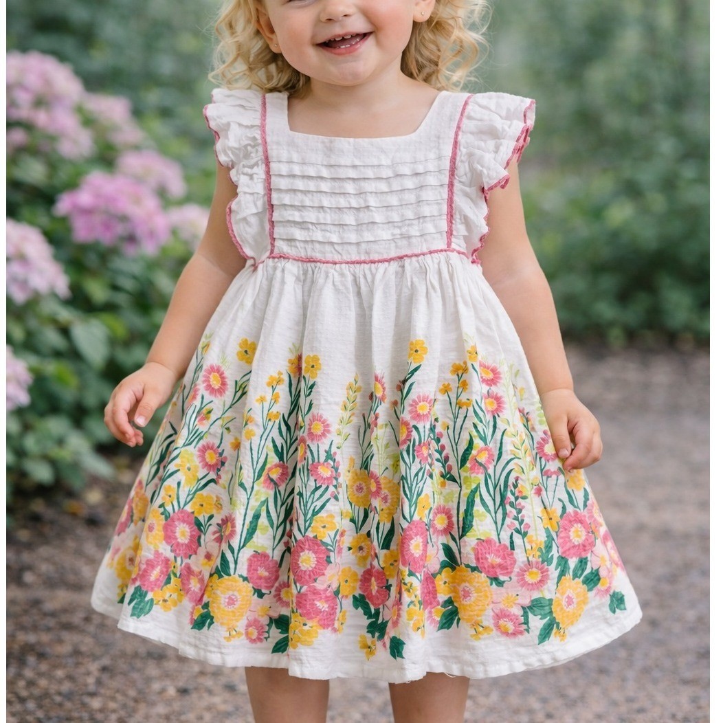 Haute Hippie Baby 24M White Floral Spring Cotton Ruffle Dress Pink Yellow