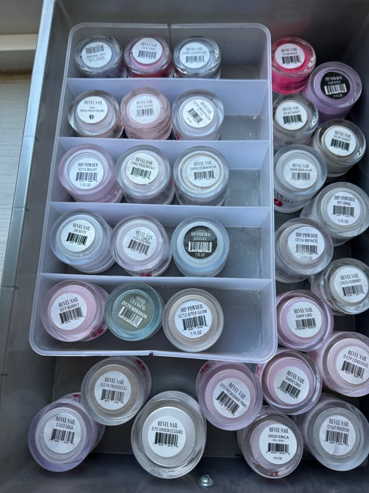 Revel Nail Dip Powders Over 70 .5 Assorted Jars Mostly Full.