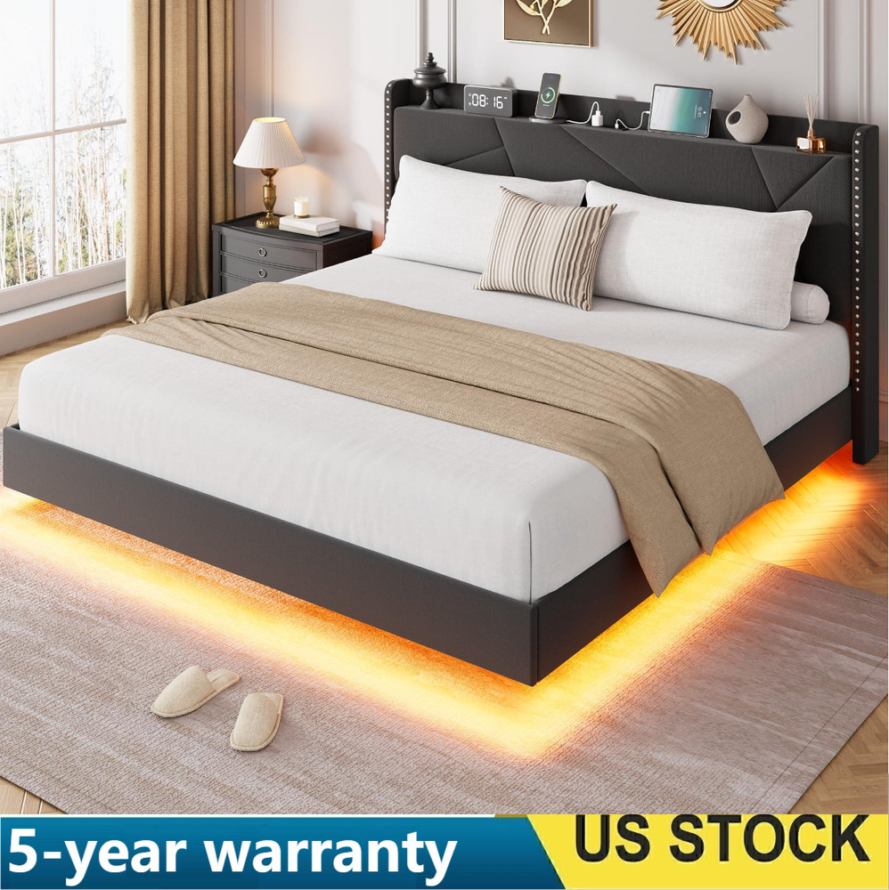 🔝Full/Queen/King Size Floating Bed Frame Upholstered Platform Bed w/ LED Lights