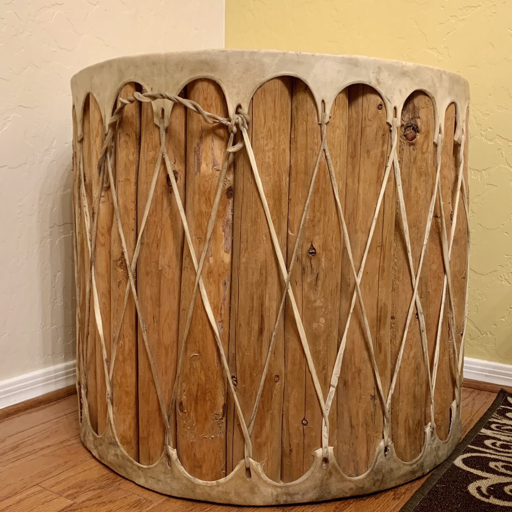COLLECTIBLE LARGE RAWHIDE DRUM - DIAMETER 23” HEIGHT 20”