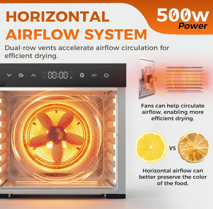 Deshidratador 500W 8 Bandejas Acero Temp 85°C Timer 24H Fruta Carne, Nuevo