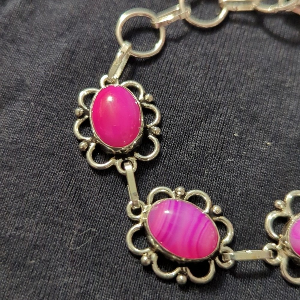 Silver Plated Pink Banded Agate Gemstone Oval Statement Bracelet