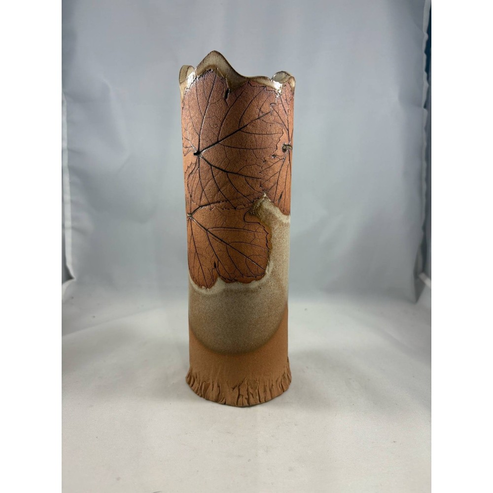 Vtg Handmade Pottery Stoneware/Earthenware Abstract Imprinted Leaf Pattern Vase