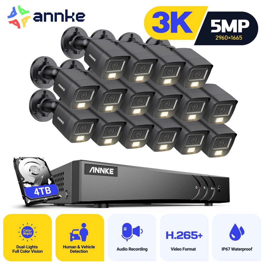 ANNKE 16CH DVR 5MP Audio Security Camera System Color Night Human Detection IP67