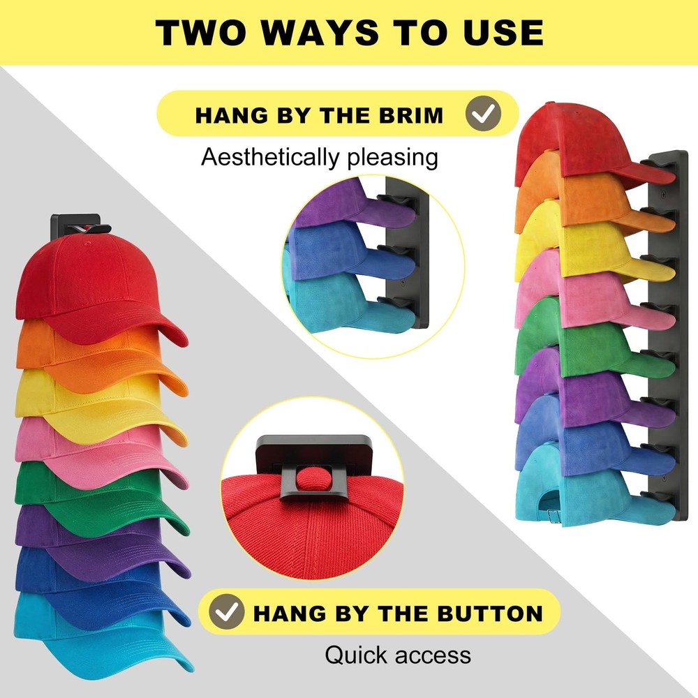 2 Pack MultiLayer Hat Organizer for Baseball Caps, Holds 16 Hats, Hat Hook fo...