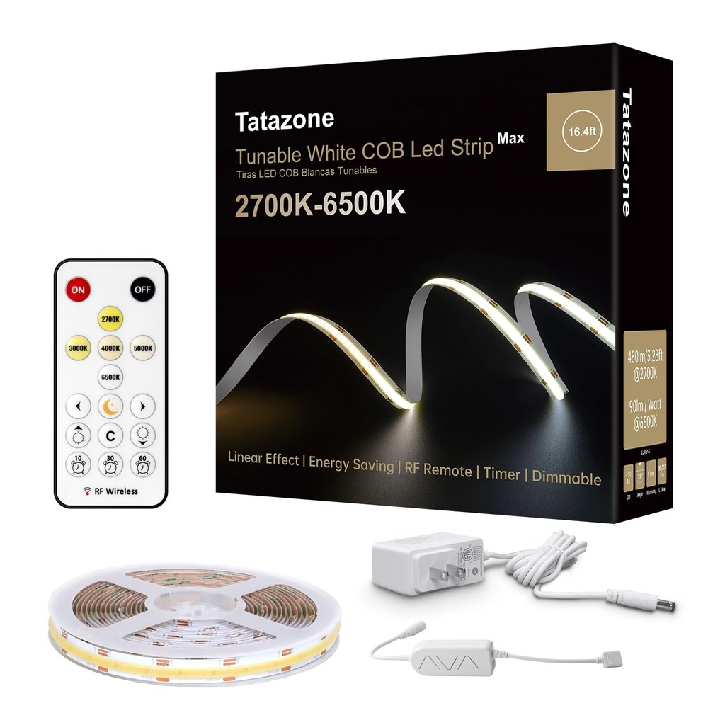 6.56ft Tunable White COB Led Strip Light with RF Remote, CRI93+ Dimmable CCT ...