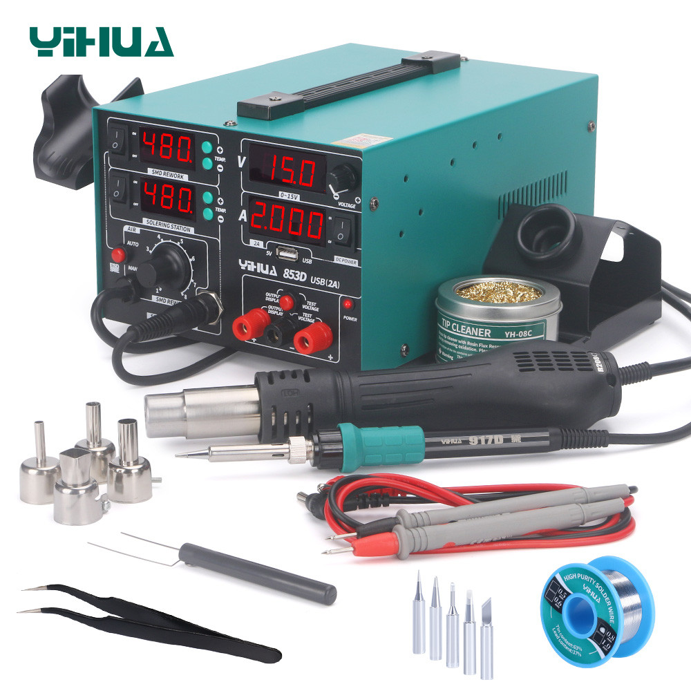 YIHUA 853D 800W 3-IN-1 Multi Station Iron Hot Air Gun 2A USB DC Power Supply