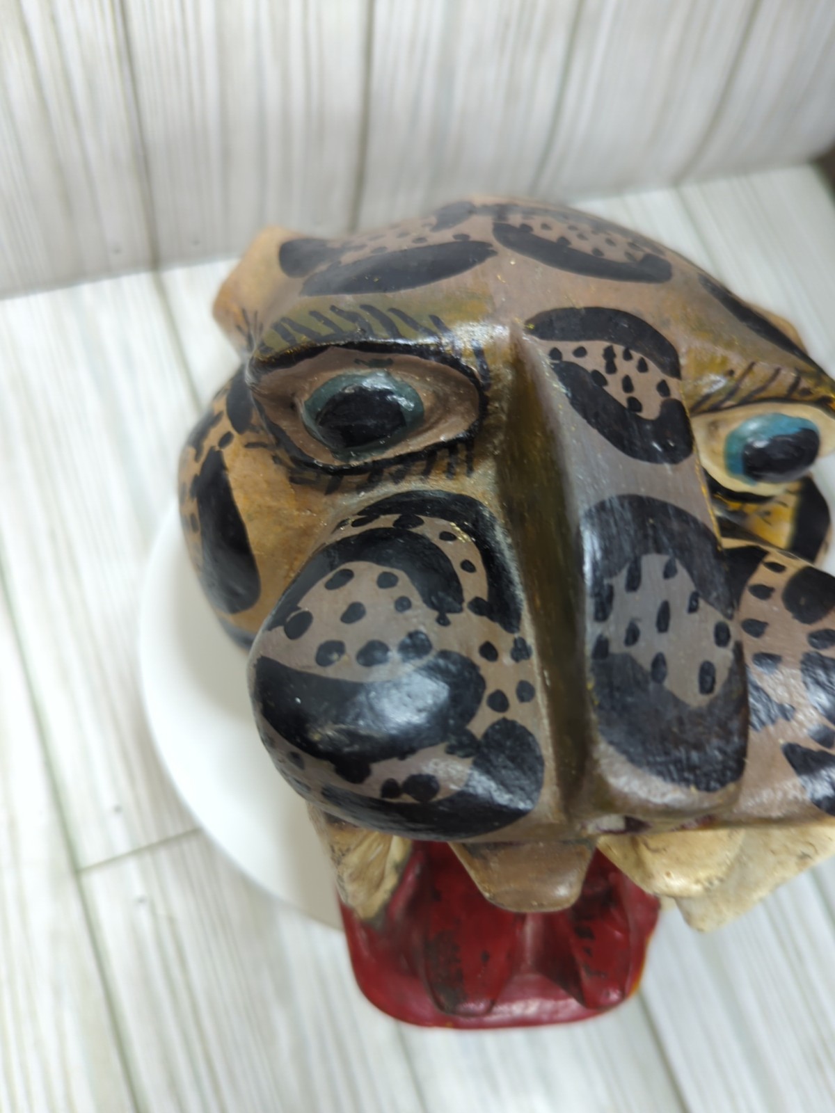 Mexican Nahua Folk Art Guerrero Carved Wood Cat Jaguar Animal Head