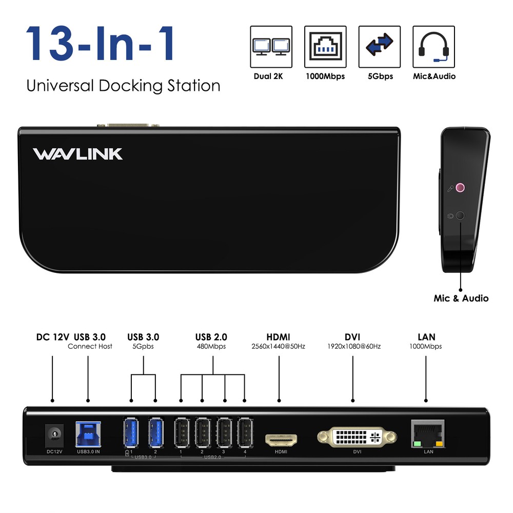 WAVLINK USB 3.0/USB-C Docking Station Dual Display Ethernet DisplayLink Adapter