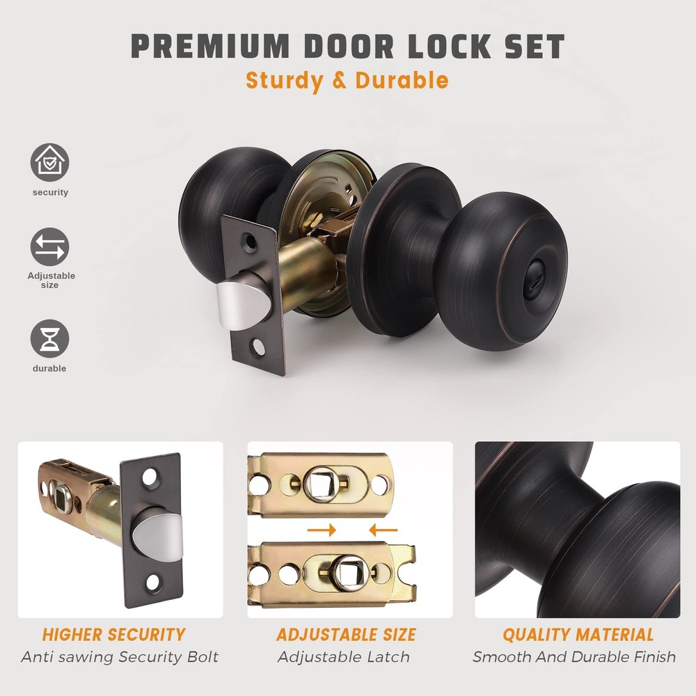 KNOBWELL 3 Pack Privacy Door Knobs with Lock for 3 Pack, Oil Rubbed Bronze