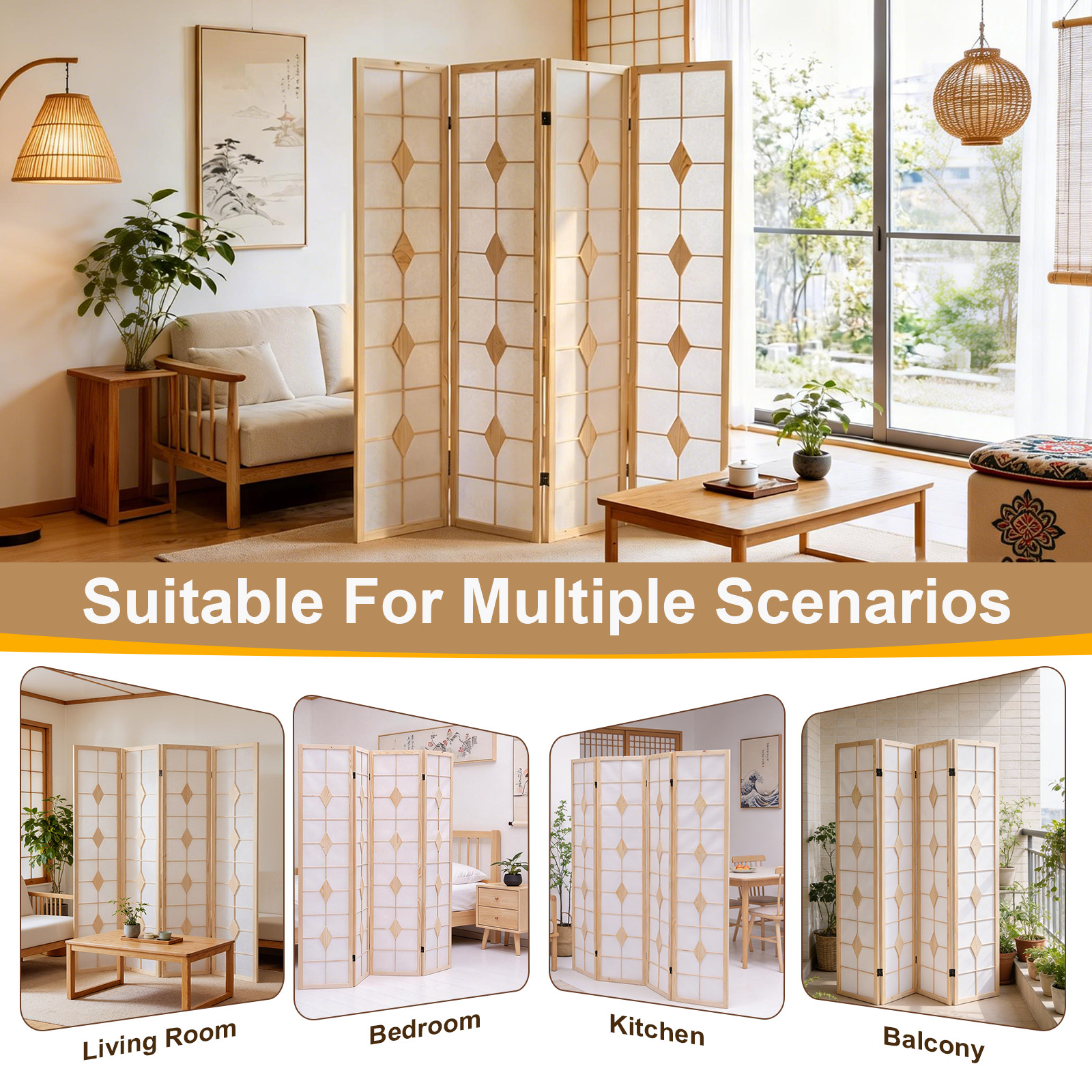 4 Panel Folding Room Dividers Wooden Privacy Screen Fabric Wall Separation White