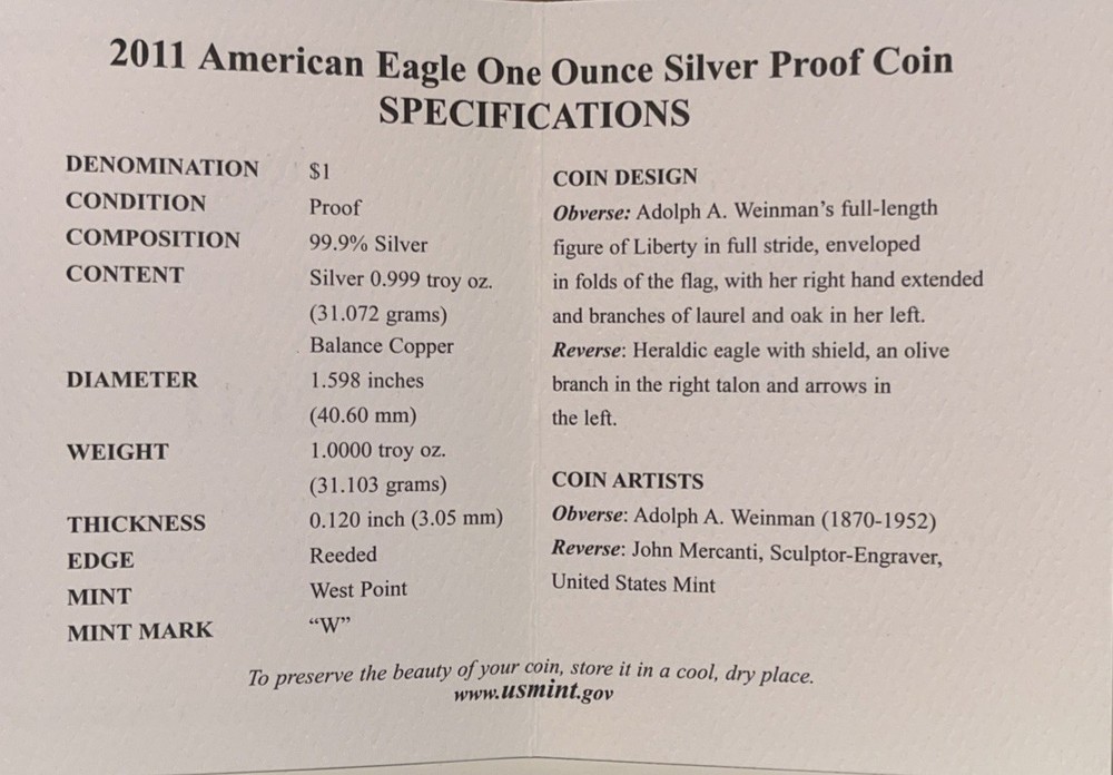 2011 “W” $1 PROOF American Silver Eagle Box & COA | No Coin