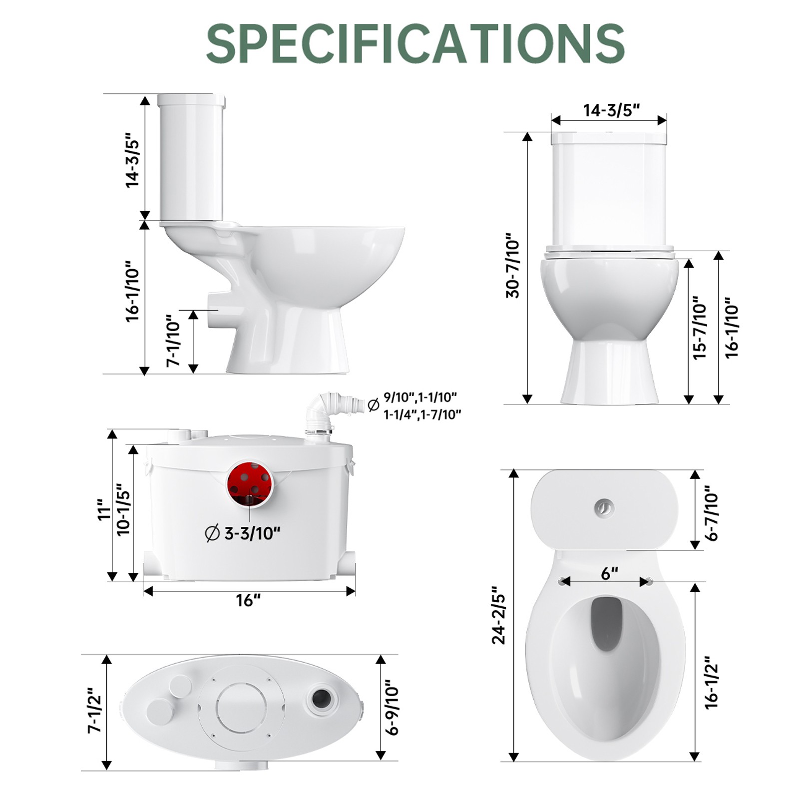 750W Macerating Toilet System Upflush Toilet with Pump 4 Inlets for Basement