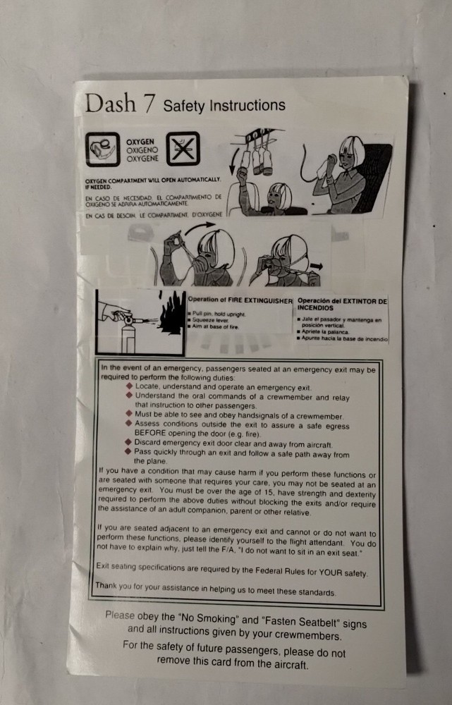 DeHavilland Dash 7 Passenger Briefing Card-Original