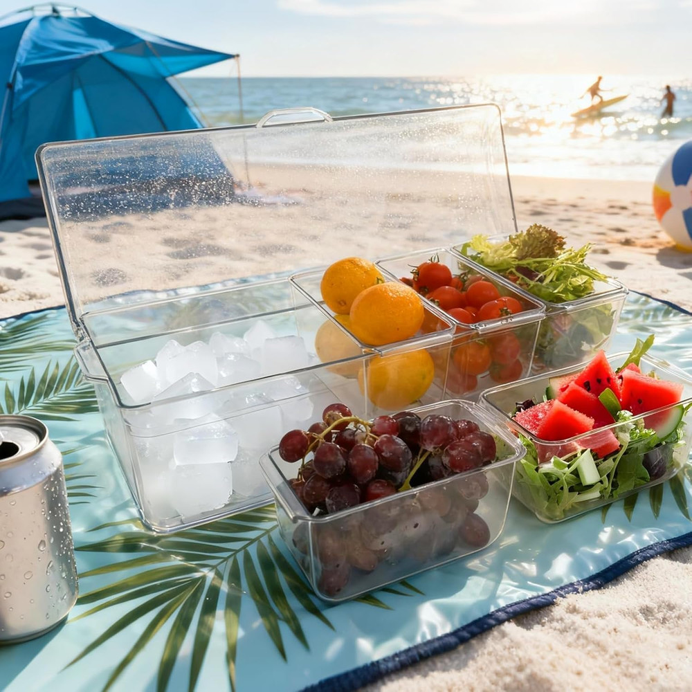 Ice Chilled Condiment Server, 5 Removable Compartments Condiment Containers with