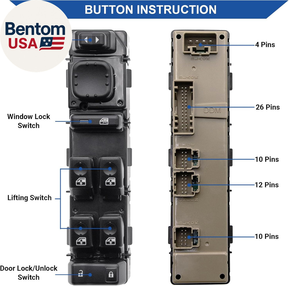 Master Power Window Switch Control Button & Bezel Compatible with 2003-2007 Chev