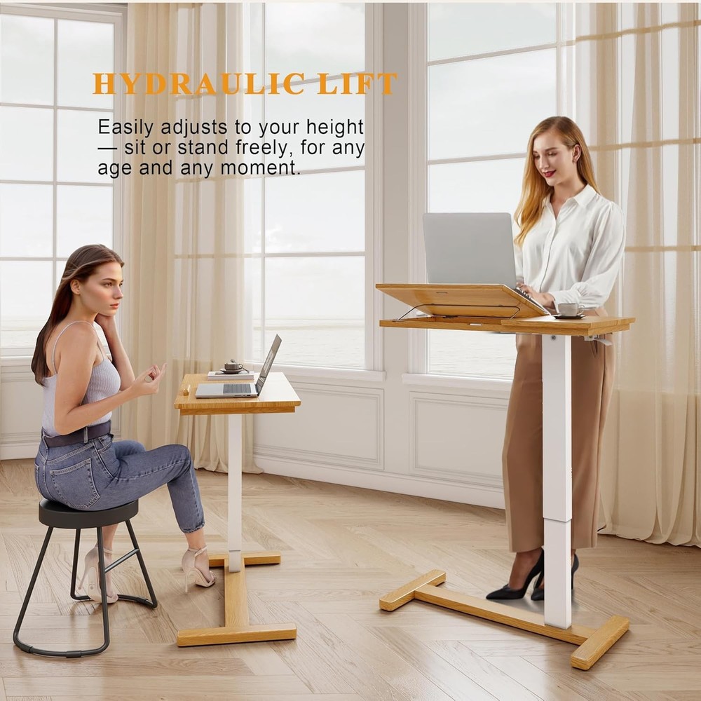 Solid Wood Overbed Bedside Table W/ Hidden Casters Adjustable Hospital Bed Table