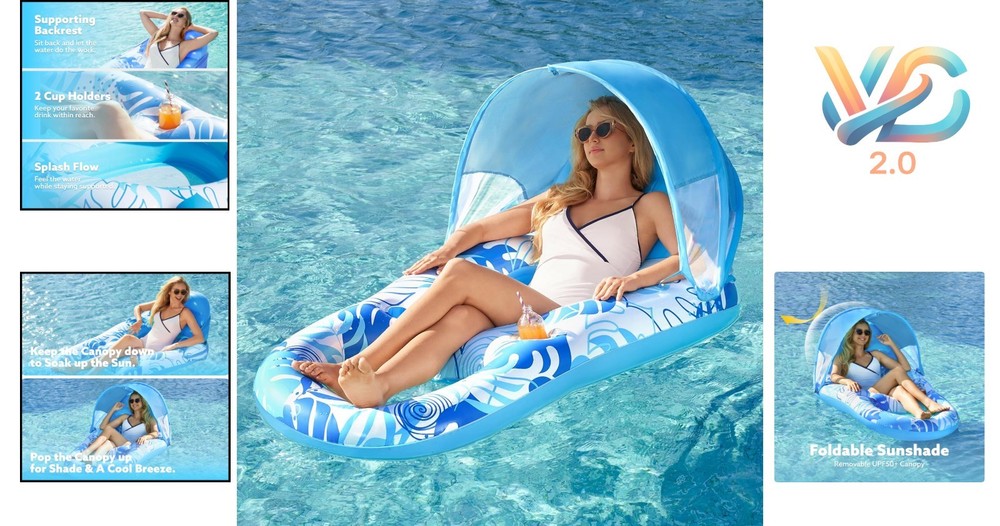 Inflatable Pool Float Lounger with Canopy Blue 60"x36" Cup Holders