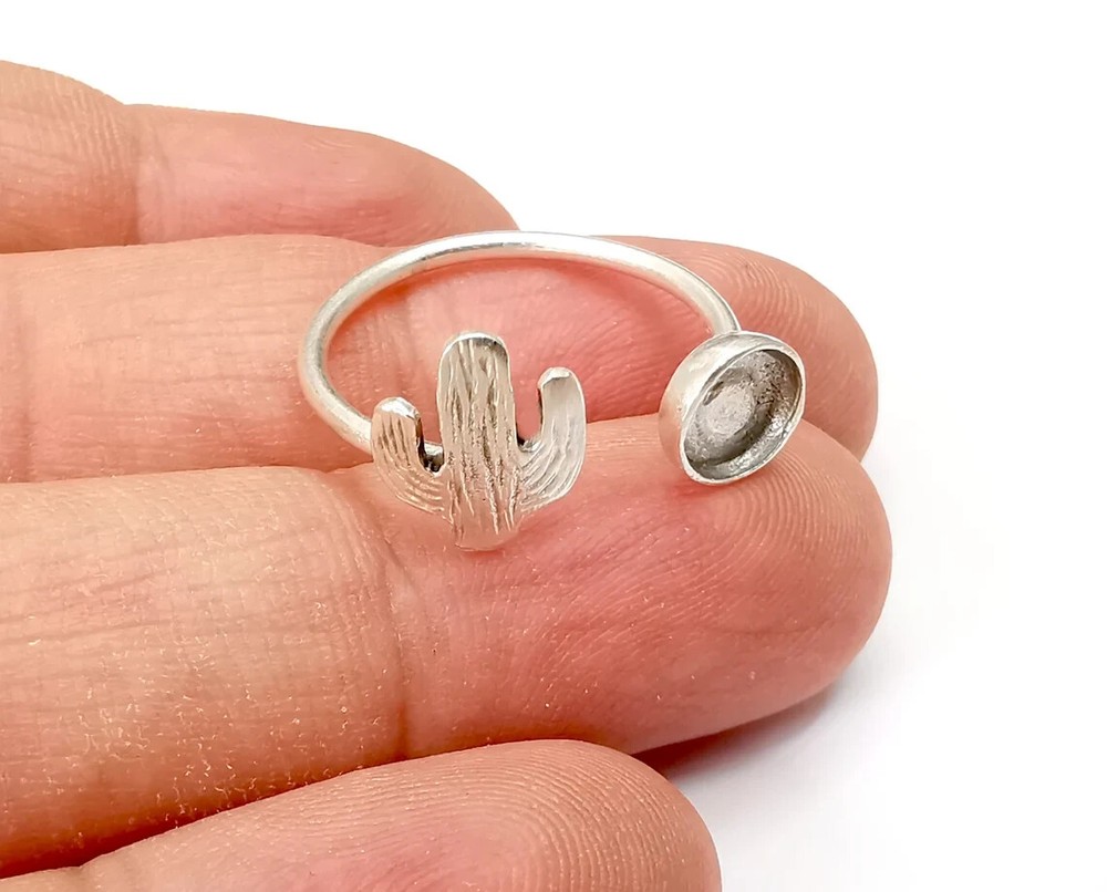 Cactus Ring Blank Settings, Cabochon Mounting, Adjustable Antique Silver Resin
