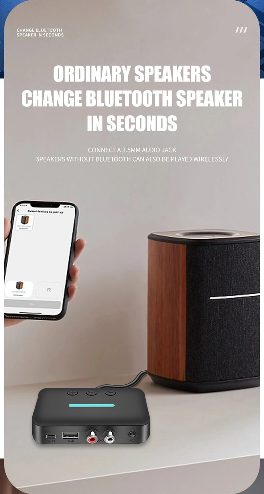 Bluetooth 5.3 Transmitter Receiver 3.5mm AUX RCA For Desktop Speaker Amp