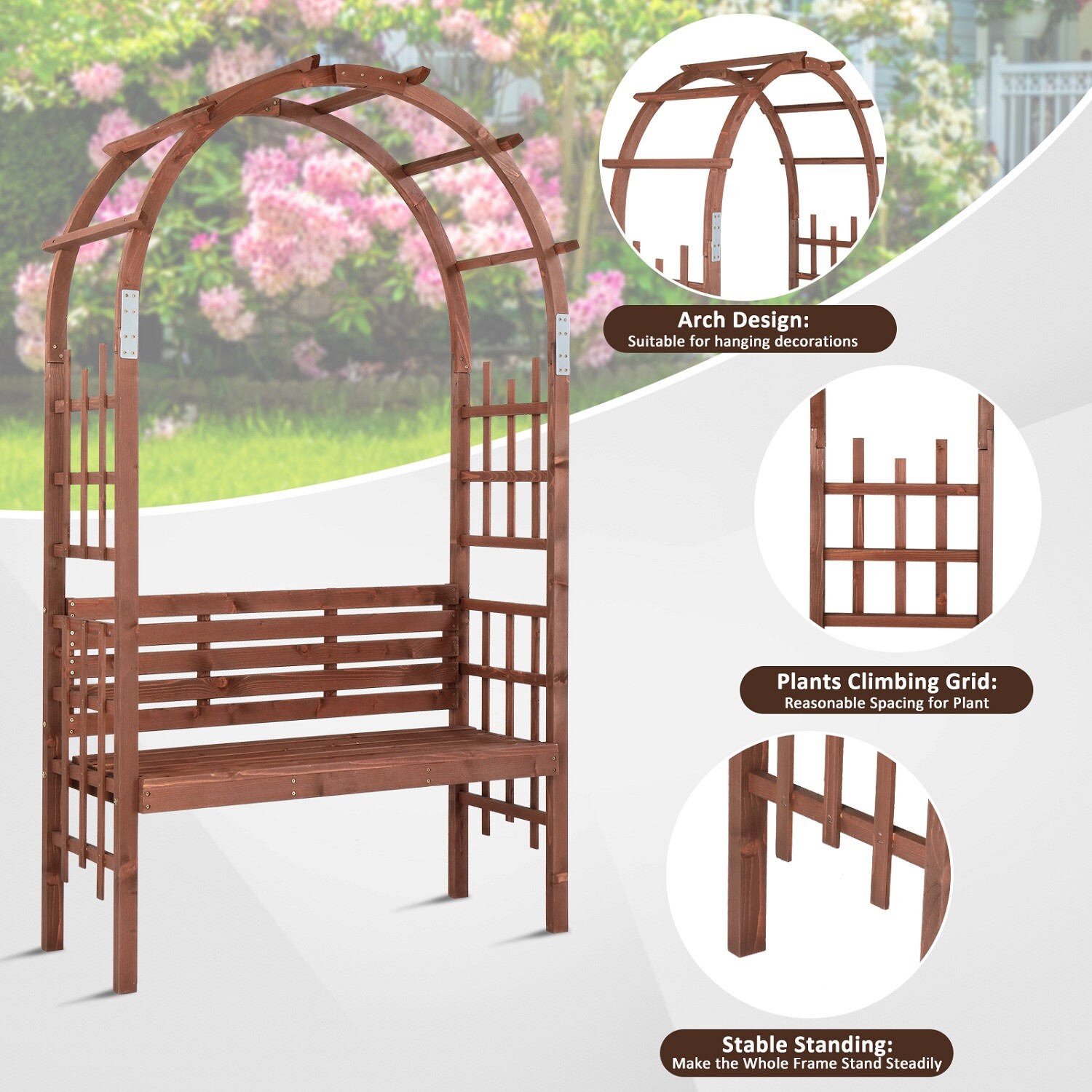 6.8FT Wooden Arch with Bench Garden Arbor Trellis for Climbing Plant Dark Brown