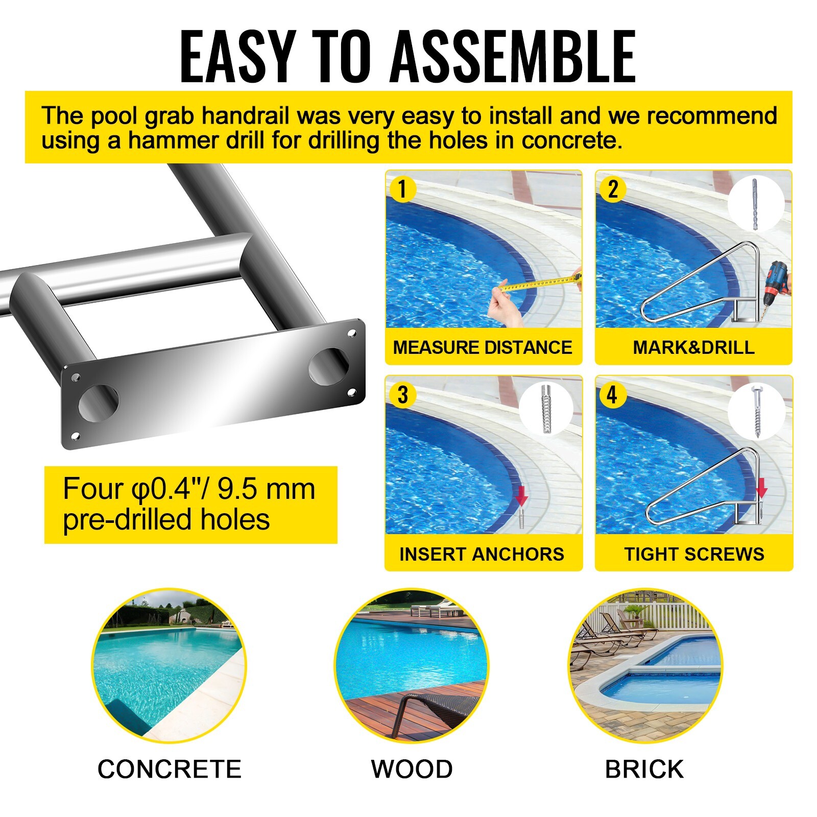 Pool Handrail Swimming 55'' x 32'' Pool Stair Rail Stainless Steel Pool Railing