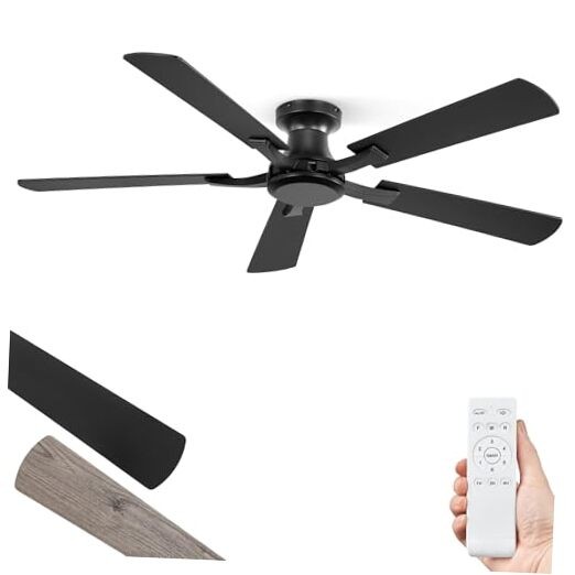 Ceiling Fan No Light, Flush Mount Low Profile, Modern Ceiling 52 Inch Black