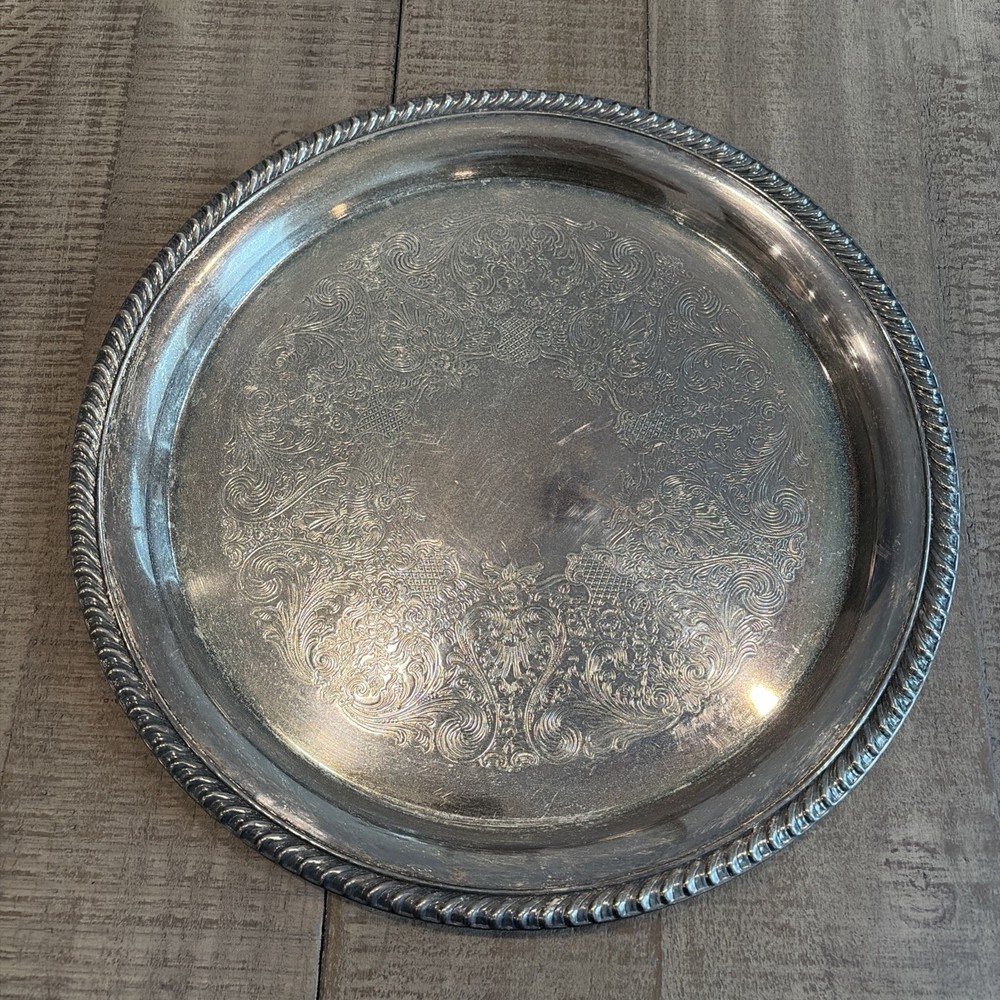 WM ROGERS 171 Silver Plated 12.25”  Round Tray Etched Scroll Floral Pattern READ