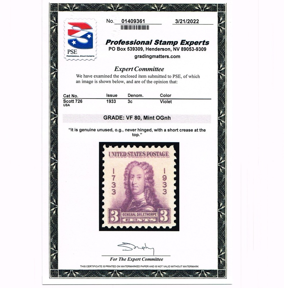 EXCEPTIONAL GENUINE SCOTT #724 MINT PRISTINE OG NH PSE CERT GRADED VF-80