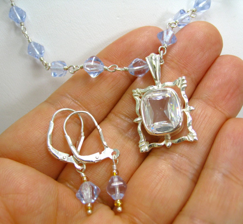 925 SOLID Sterling Silver Crystal Pendant Blue Crystal Link Necklace Earring Set