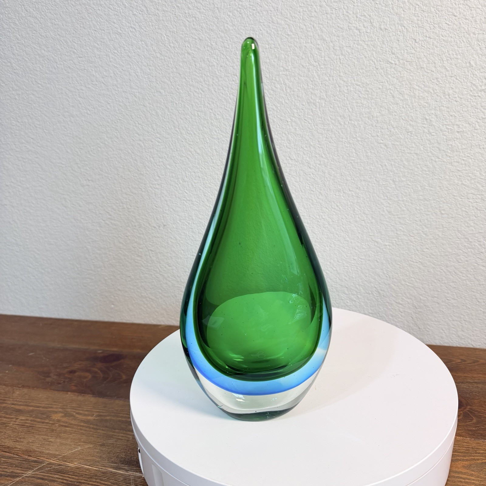 Vintage Italian Murano Style Art Glass Teardrop Sculpture Green BLUE 11.5”